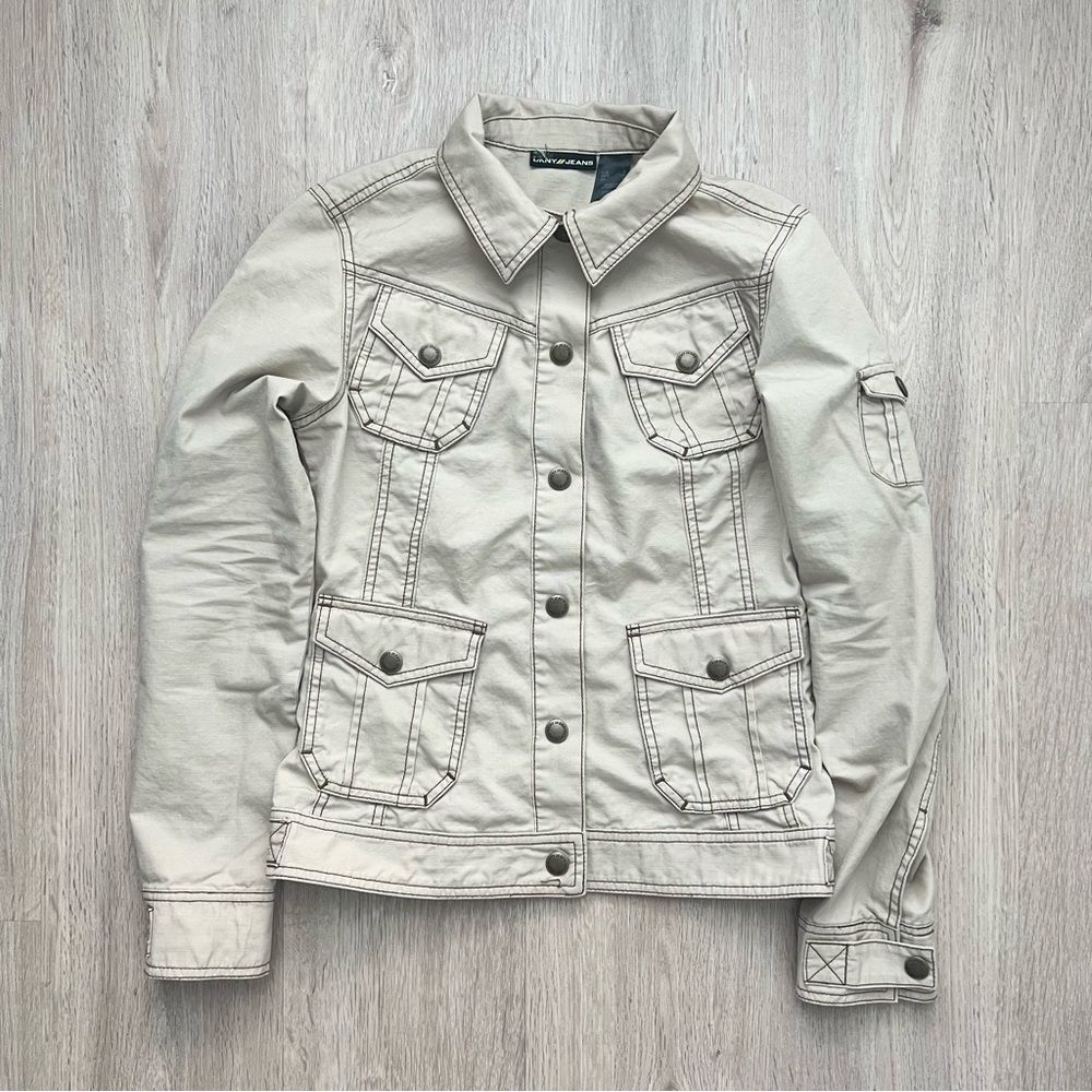 DKNY Blazer Jacket Women S Beige Cotton Long Sleeve Collared Casual Button Front